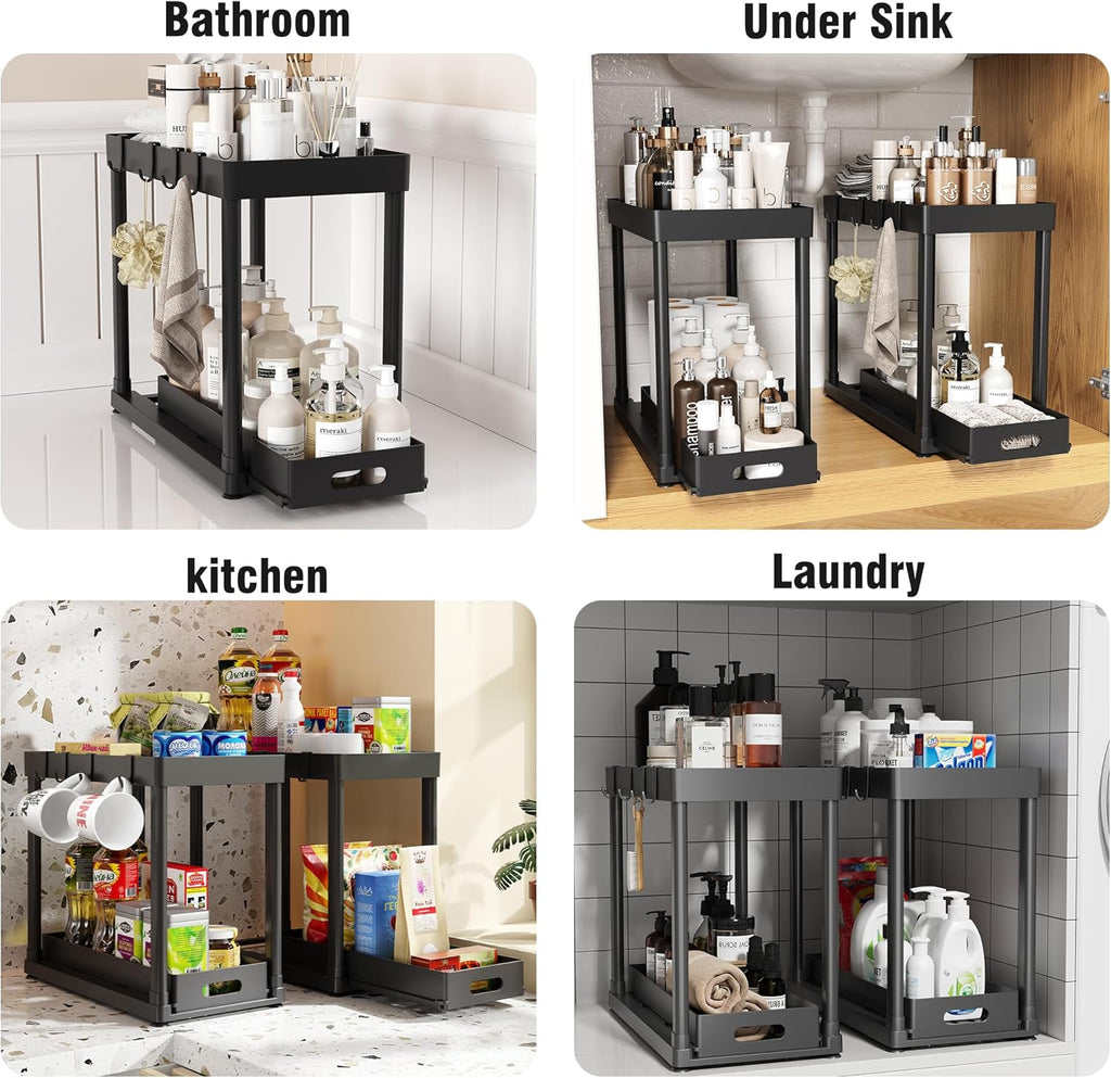 Skiennix Pull-Out Storage Organizers - Multi-Purpose Under Sink Solution for Bathroom & Kitchen | Black, 2 Pack