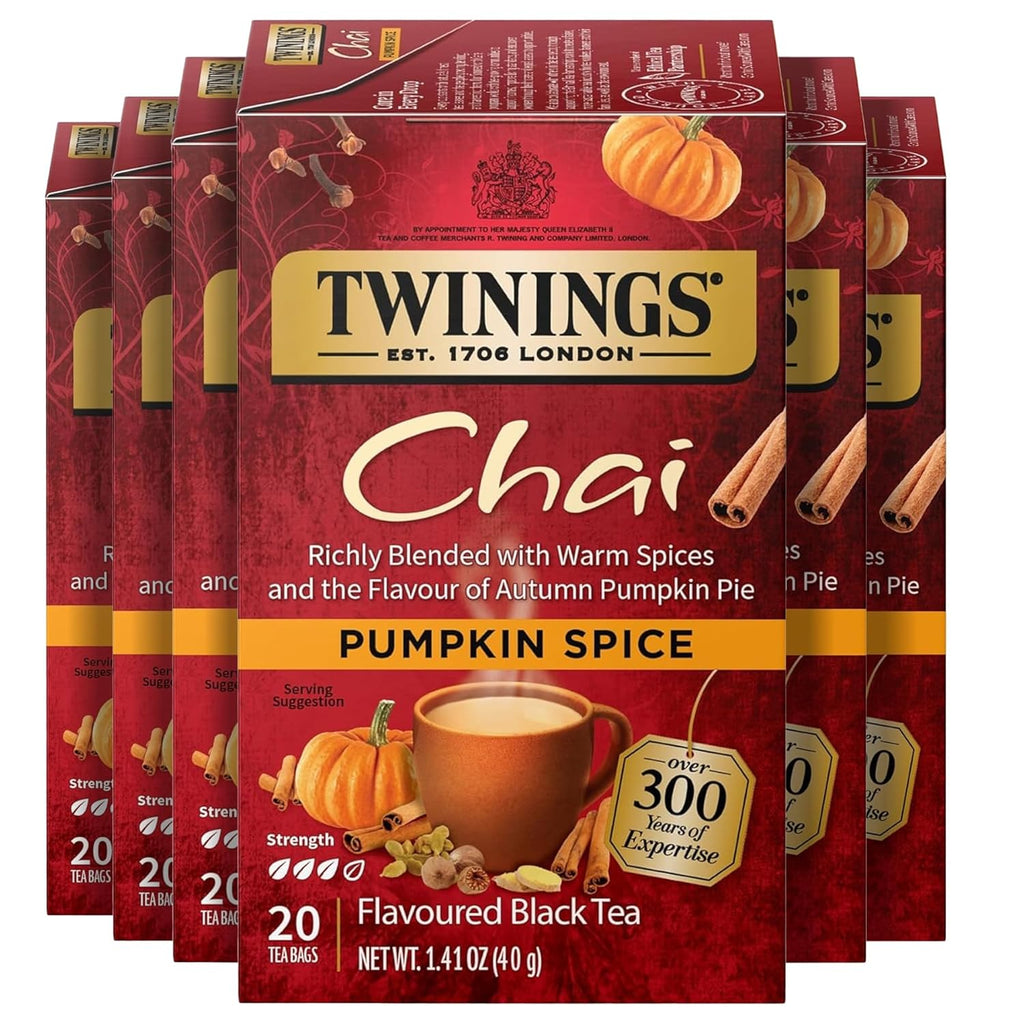Twinings Pumpkin Spice Chai Black Tea - Warm & Spicy Flavor, 20 Individually Wrapped Bags (Pack of 6)