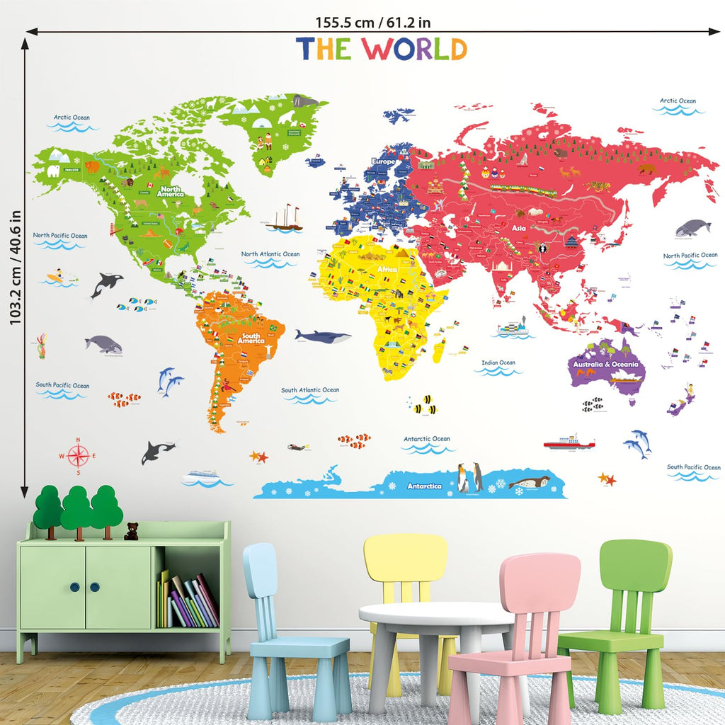 DECOWALL DL3-2212 XLarge World Kids Wall Stickers (59x40 inch) Decals Peel and Stick Removable for Nursery Bedroom Living Room Art murals Decorations