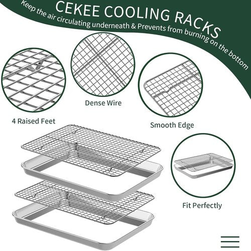 CEKEE Stainless Steel Baking Sheet Set - 2 Cookie Sheets & Racks, Rust-Resistant, 9.33 x 6.96 Inch
