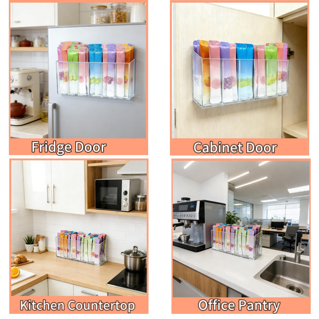 Drink Packet Organizer with Removable Divider & 6 Compartment, Mounted Water Packet Organizer with Soft Magnetic and Adhesive Sticker, Water Flavor Packet Storage for Kitchen Pantry Cabinet Fridge