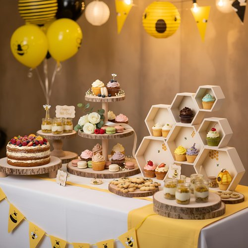 CroBlissful 12 Pcs Wooden Rustic Cake Stand Set, 7 Pcs Honeycomb Cupcake Stand, 3-Tier and Single-Tier Wooden Cupcake Tower, 4 Wood Slices Tray, Suitable for Wedding Tea Party Forest Theme Tables