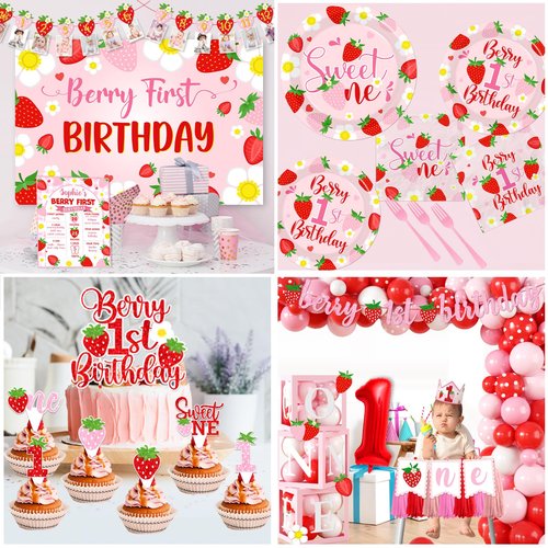 Berry First Birthday Decor Strawberry 1st Birthday Decorations Girls With Strawberry Decor Plates Napkins Balloons Strawberry Party Backdrop Banner Cake Toppers for Girl 1st birthday Decorations