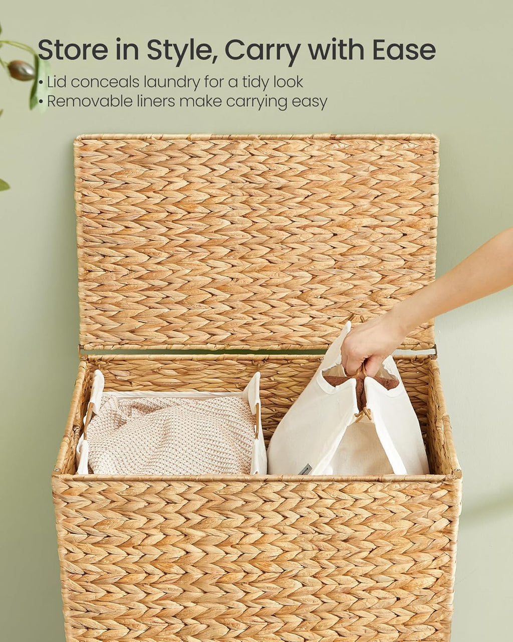SONGMICS Laundry Hamper - 34.3 Gal Handwoven Water Hyacinth Wicker Basket with Lid & Washable Liners