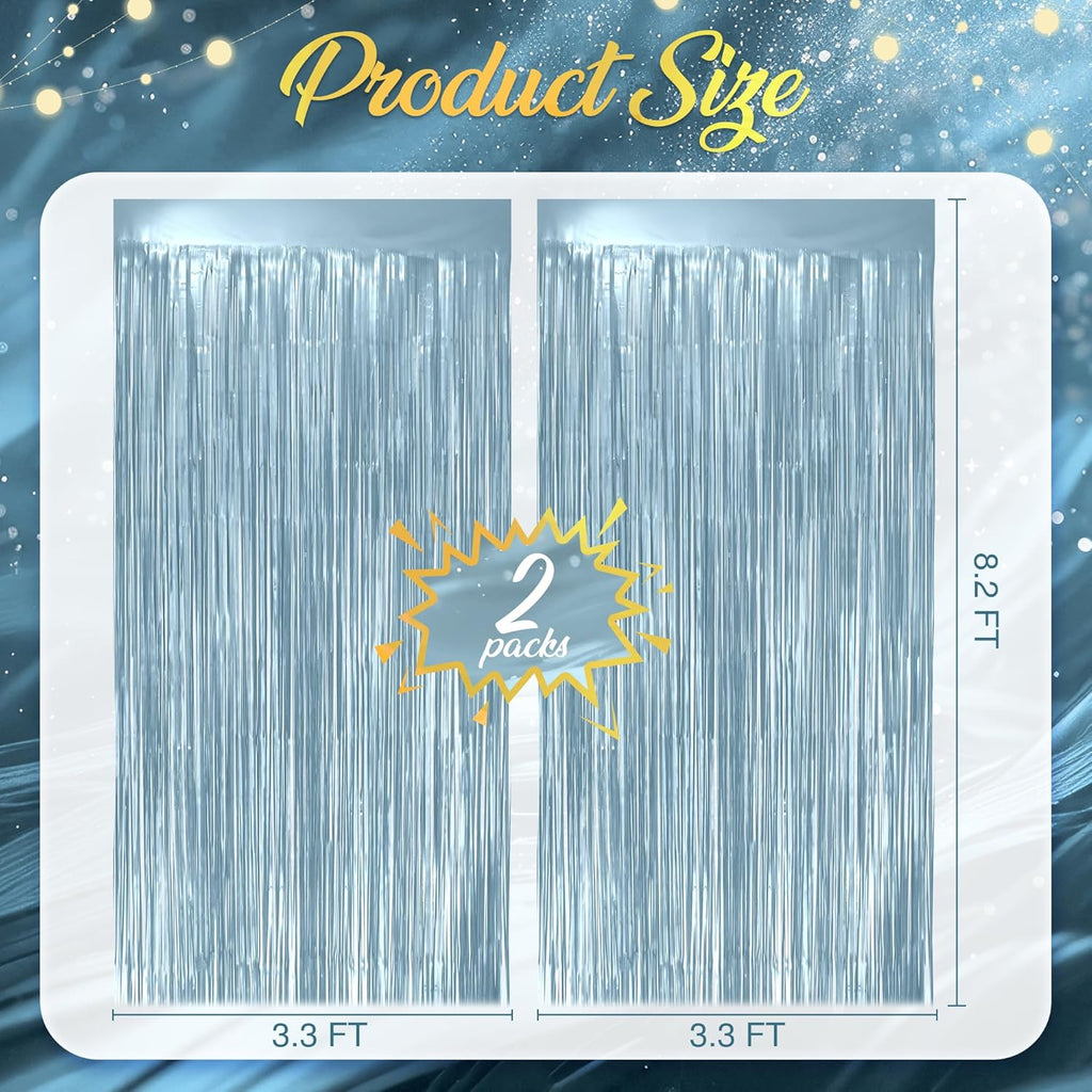 Skiennix 2 Pack Metallic Light Blue Fringe Backdrop - 3.2x8.2ft Shining Foil Tinsel Curtains for Parties & Events