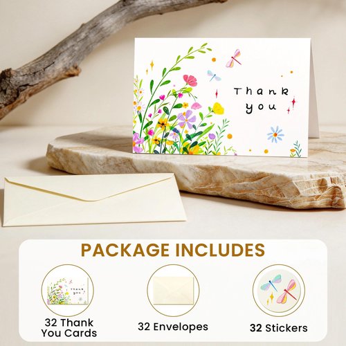 iinut 32 Floral Thank You Cards with Envelopes, 4x6 Inch Blank Cards with Vibrant Designs, Note Cards made from 300gsm Cardstock, Blank Notes for Graduation, Anniversaries, Baby Showers