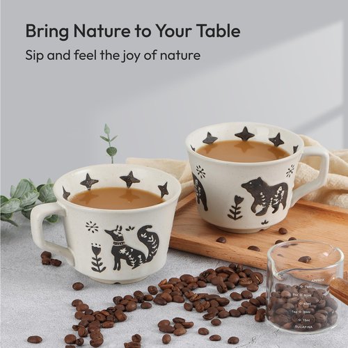 LINVIA Ceramic Coffee Mug, 12 oz Small Novelty Unique Teacup with Handle, Stoneware Cup for Tea Mocha Latte Cappuccino (Set of 2, Fox and Bear)