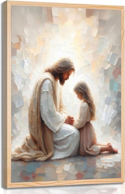 Jesus & Girl Wall Art - Christian Spiritual Painting of Jesus Praying with Child | Unframed Religious Decor