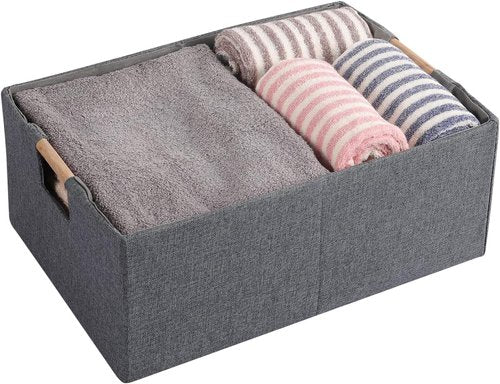 Fabric Storage Bin 3-Pack | Foldable Cotton Linen Baskets with Wooden Handles - Small Gray