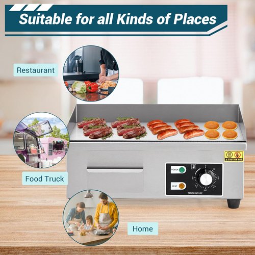 Stainless Steel Electric Griddle, 18 in Commercial Flat Top Grill, 1600W Non-Stick Teppanyaki Griddle with 2 Shovels & 2 Brushes, 122-572°F Adjustable Temperature for Kitchen, BBQ