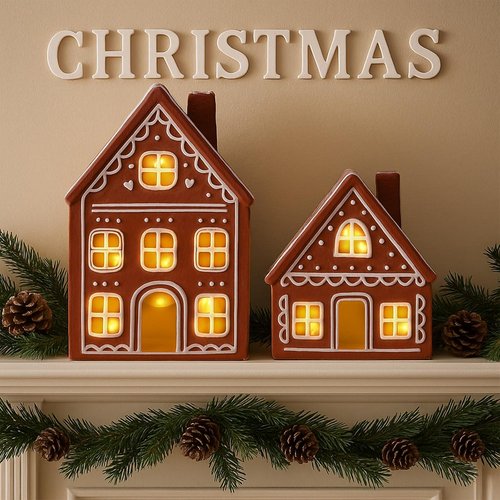 Funnymoom Lighted Ceramic Gingerbread Houses - Pre-Lit Christmas Tabletop Decor | 2 Sets for Holiday Cheer