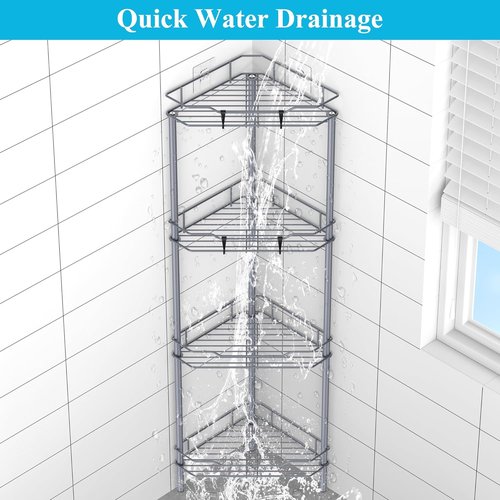 HuggieGems Corner Shower Caddy Organizer - 4 Tier Floor Standing Shelf with Hooks | Dark Gray