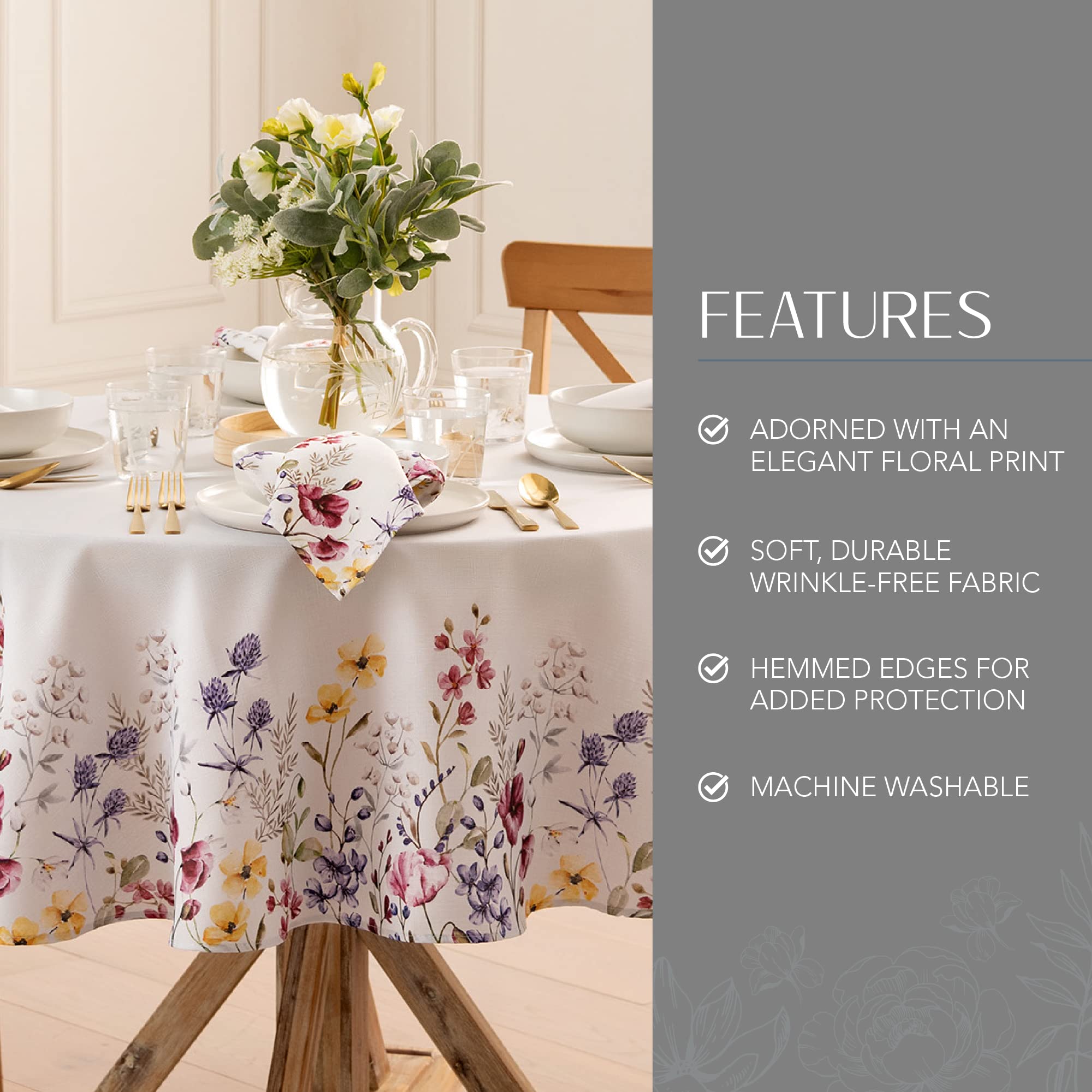 Elrene Home Fashions Poppy Wildflower Botanical Border Fabric Tablecloth, Round, 70 inches X 70 inches
