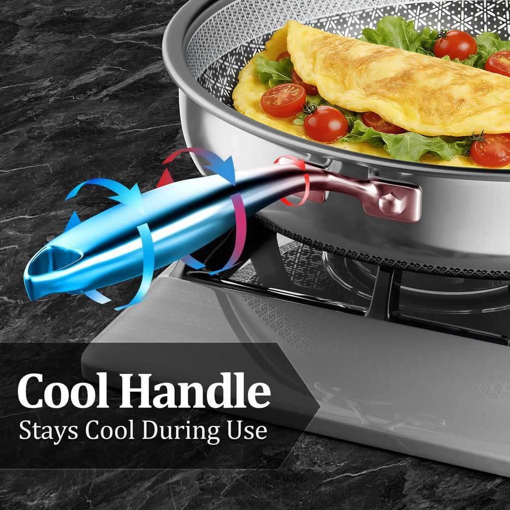KURRUNGIE Hybrid Non Stick Frying Pans 2 Piece set, Stainless Steel Frying Pans with Tempered Glass Lid, 10" 12" 5 Ply Induction Cookware, Oven-Safe Up to 800°F, Compatible with All Cooktops