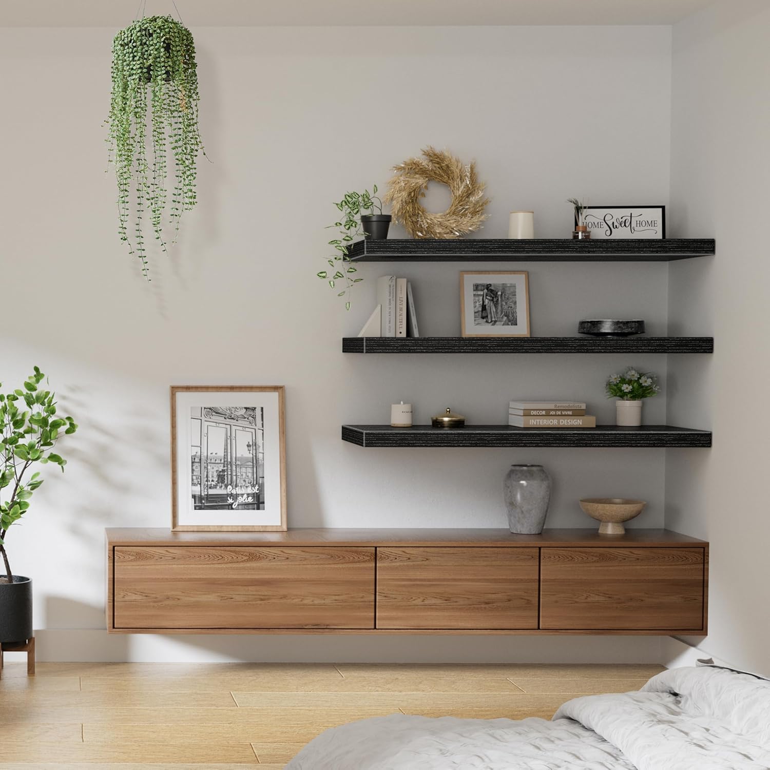 QEEIG 12" Deep Floating Shelves - Set of 3 Black Wall-Mounted Bookshelves for Bathroom, Bedroom & Kitchen