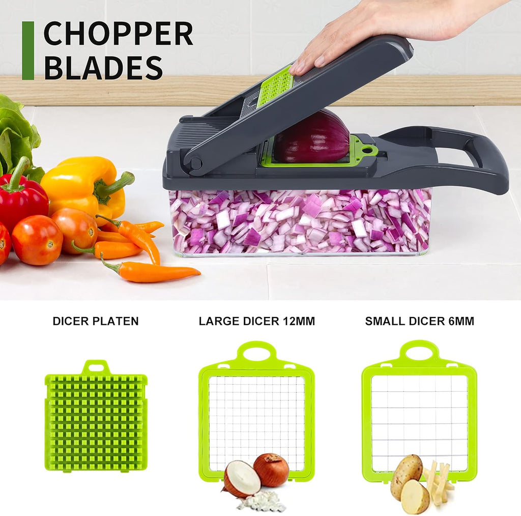Skiennix Vegetable Chopper - Multifunctional 10-in-1 Mandoline Slicer & Dicer | Gray/Green Kitchen Gadget