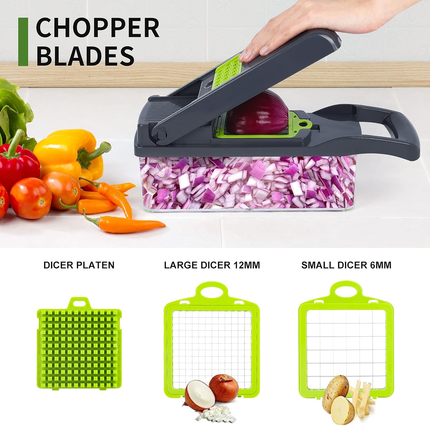 Skiennix Vegetable Chopper - Multifunctional 10-in-1 Mandoline Slicer & Dicer | Gray/Green Kitchen Gadget
