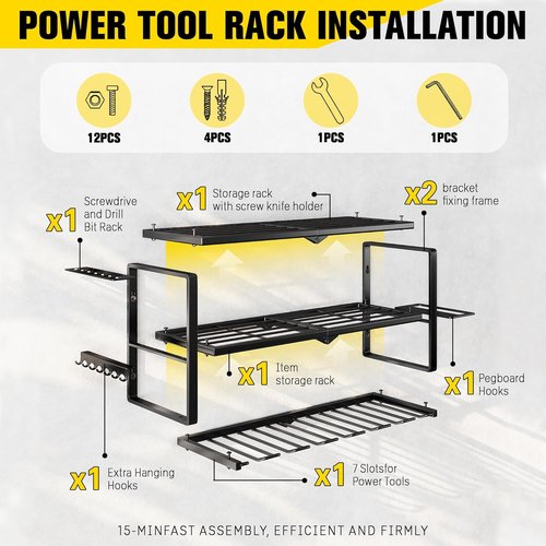 Hipidian Heavy Duty Power Tool Organizer - 300lb Capacity 3-Tier Wall Mount Rack with 7 Drill Holders