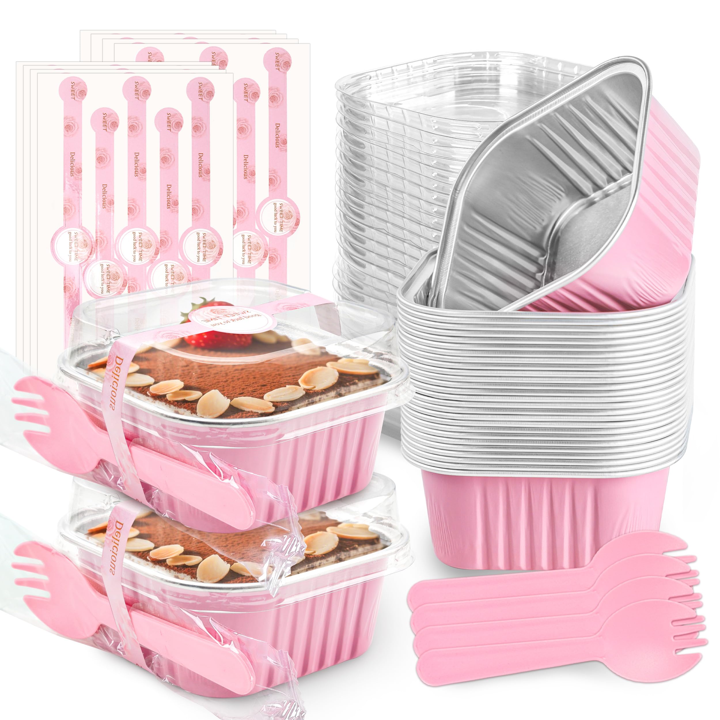 NPLUX 60 Pack Mini Cake Pans with Lids Mini Aluminum Pans, Disposable Loaf Pans Cupcake Liners with Lids for Pudding, Souffle, Party, Wedding, Mothers Day Party Favors(Pink, 5 oz)