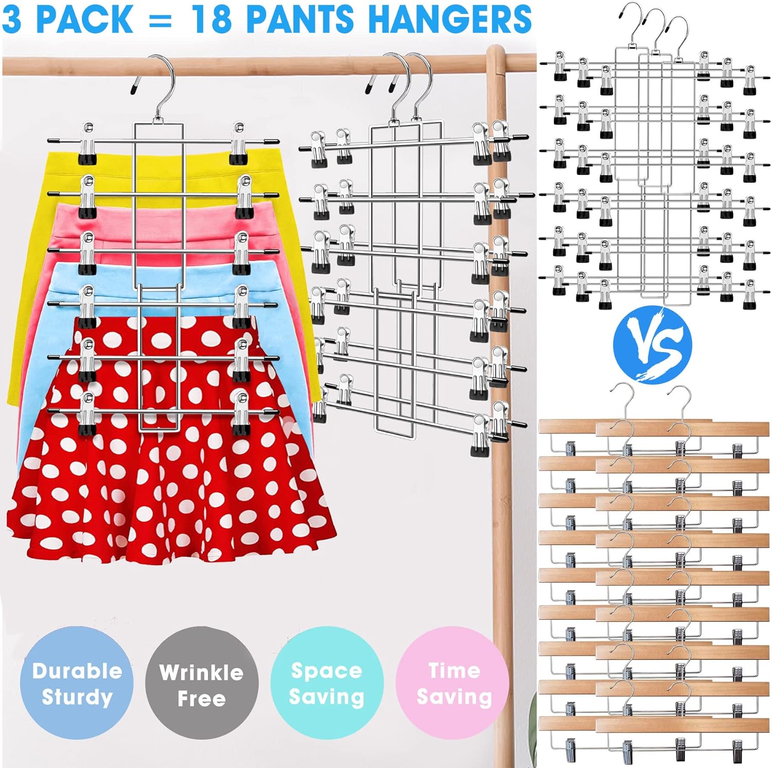 Skiennix 3-Pack Closet Organizers - 6-Tier Skirt & Pants Hangers with Clips | Space-Saving Storage for Home & Dorm