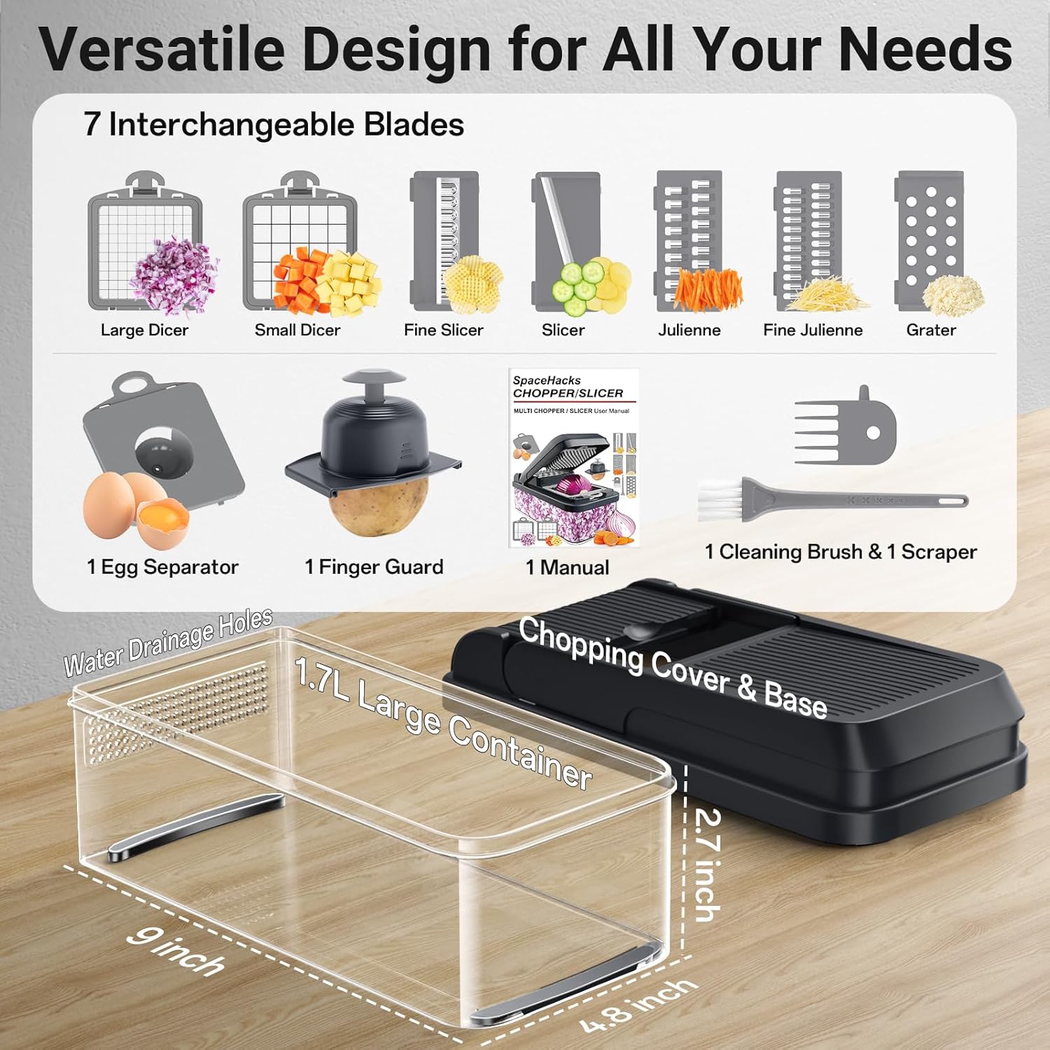 SpaceHacks 12-in-1 Vegetable Chopper - Versatile Kitchen Gadget with 7 Blades & Egg Separator | Gray