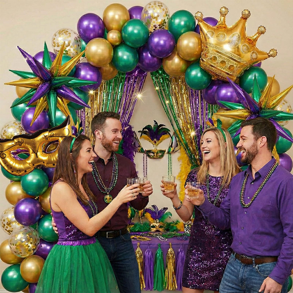 Mardi balloon garland arch kit Purple Emerald green gold with Crown and Mask star mylar Balloons for Grand Fat Tuesday Party Decorations for Gorgeous Funny Festive Vibe