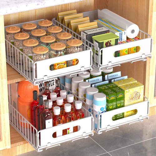 NECHEGI Pull Out Cabinet Organizer, 4 Pack Heavy Duty Slide Out Drawers Pantry Shelves Fixed With Strong Adhesive Glue and Handle for Kitchen, Living Room, Bathroom, Home (14.8" D X 9.6" W X 3.9" H)