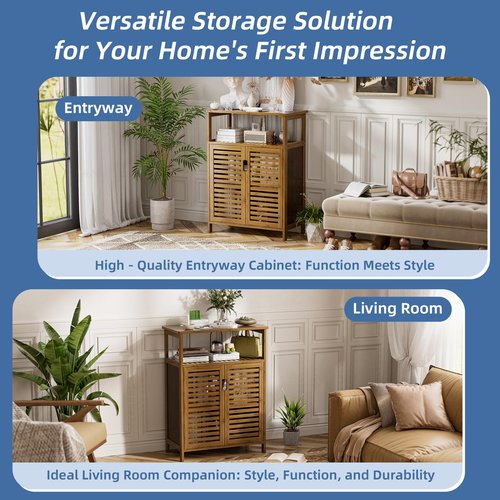 HITNET Walnut Bathroom Floor Cabinet, Bamboo Side Tall Storage Organizer, Freestanding Kitchen Cupboard with Door and Shelf
