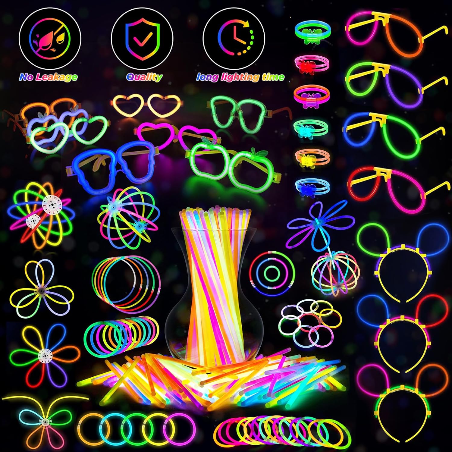 SHQDD Glow in the Dark Party Supplies - 100 LED Light Up Toys & 27 Carnival Accessories for Kids & Adults
