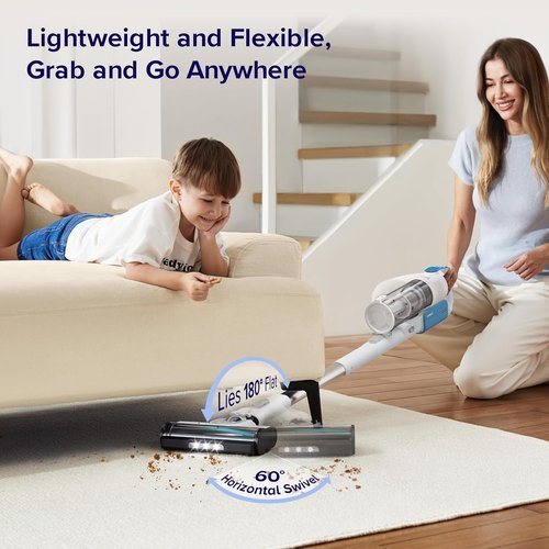 LEVOIT Cordless Stick Vacuum - Strong Suction, Anti-Tangle, LED Headlights, Removable Battery | White & Blue