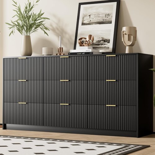 Furniway Black Dresser - Modern 9-Drawer Chest with Smooth Slides & Golden Handles | 63" W x 31.5" H