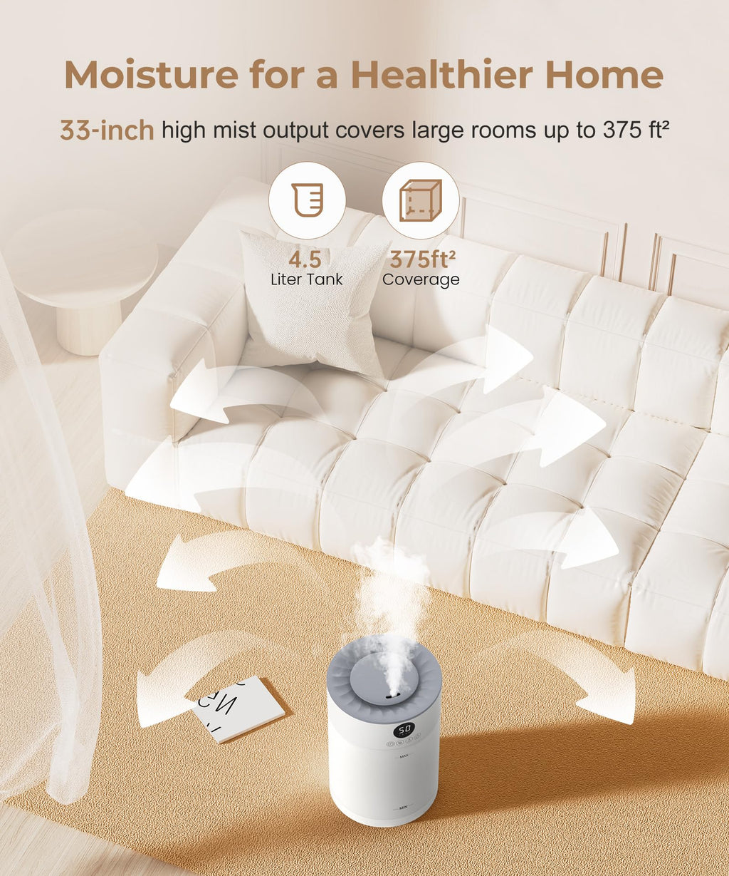 Abolee Humidifiers for Plants 4.5L Cool Mist with Essential Oil Diffuser, Humidifier Large Room, 24dB Quiet Air Humificador fit Baby Nursery & Bedroom, 360° Adjustable, Easy Fill & Cleaning (White)
