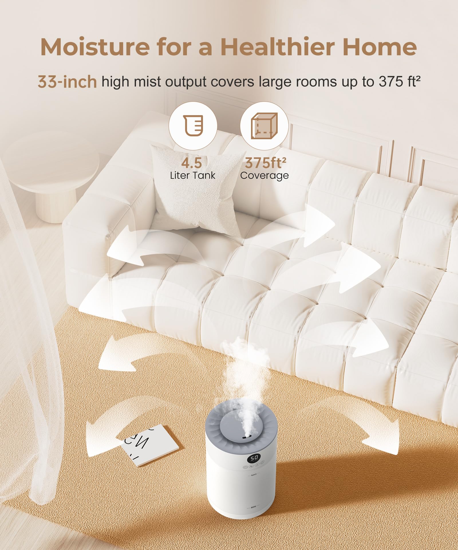 Abolee Humidifiers for Plants 4.5L Cool Mist with Essential Oil Diffuser, Humidifier Large Room, 24dB Quiet Air Humificador fit Baby Nursery & Bedroom, 360° Adjustable, Easy Fill & Cleaning (White)