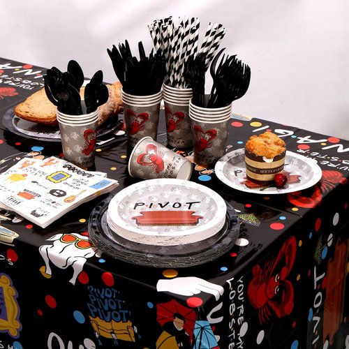 161CT iFriends Party Supplies Disposable iFriends Dinner Plates Cups Straw Napkins Spoon Fork knives Tablecloth, iFriends Birthday Party Decorations and Party Tableware Serves 20 Guests, Black