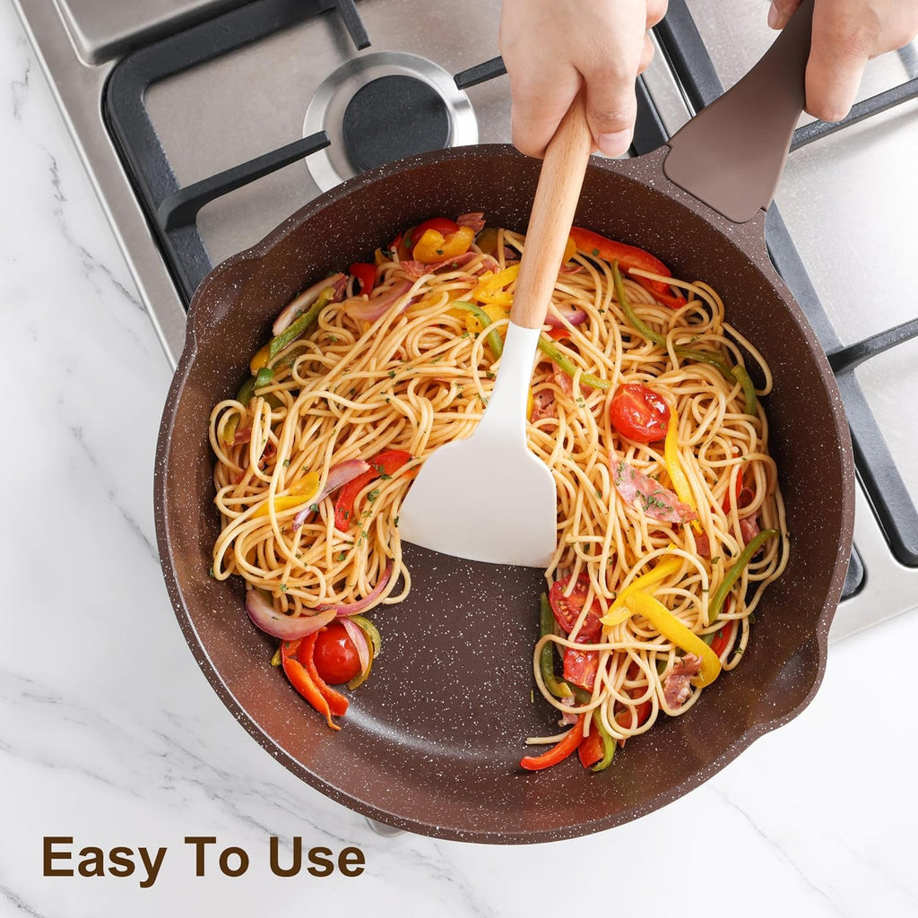 SENSARTE Silicone Cooking Utensils Set - 2-Piece Spatula & Ladle with Wooden Handle | White