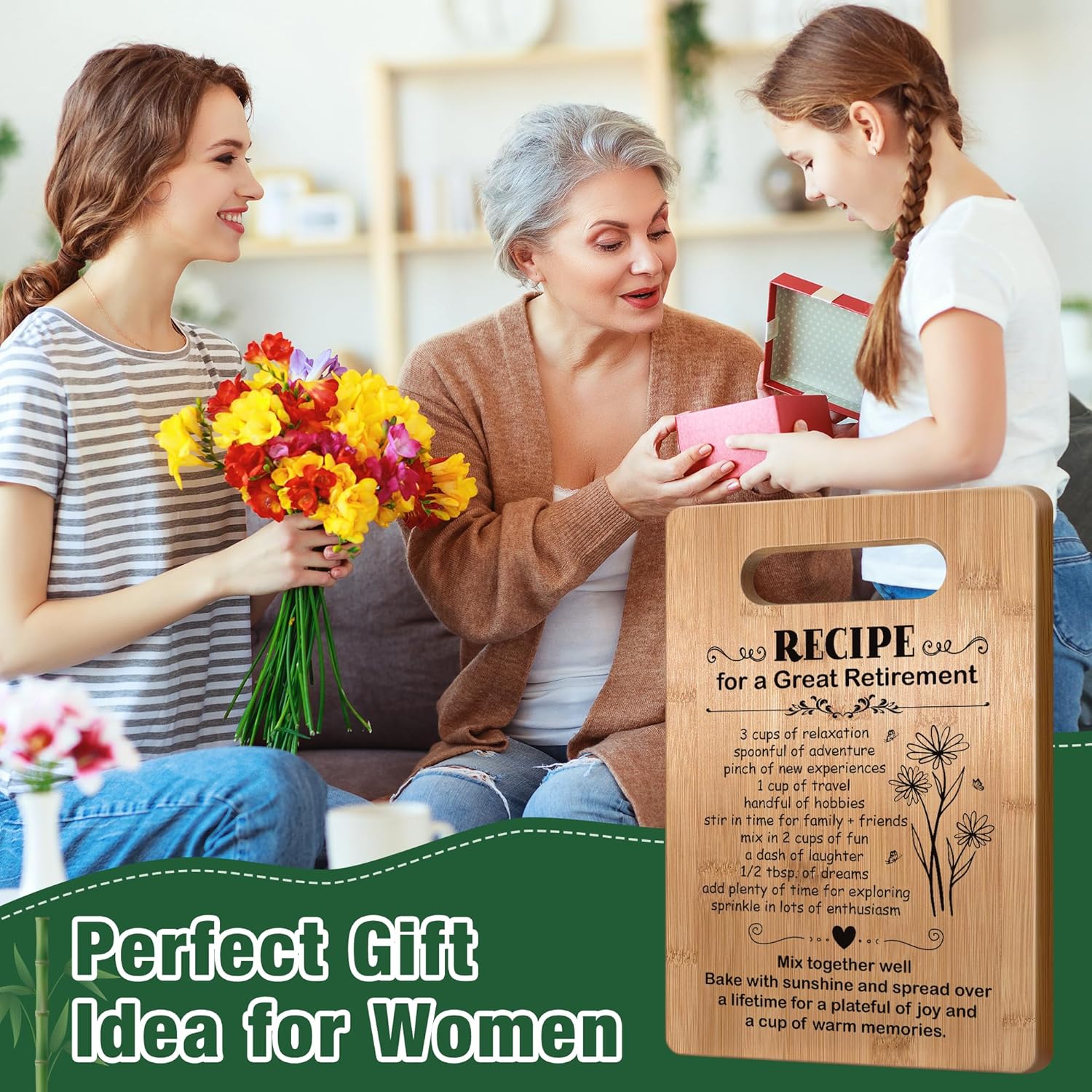 Skiennix Retirement Gifts for Women - Unique Cutting Board with Inspirational Recipe | Perfect Farewell Gift for Coworkers and Friends