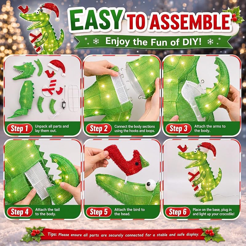 Christmas Lighted Alligator Yard Decoration with Santa Hat - 26.7in Outdoor Crocodile