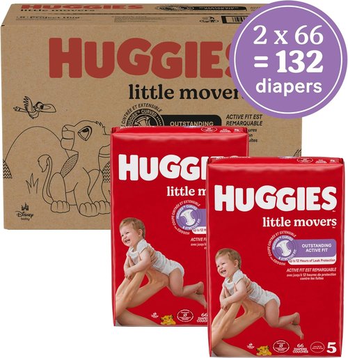 Huggies Little Movers Size 5 Diapers - 132 Count for Babies 27+ lbs | Soft & Comfortable Fit