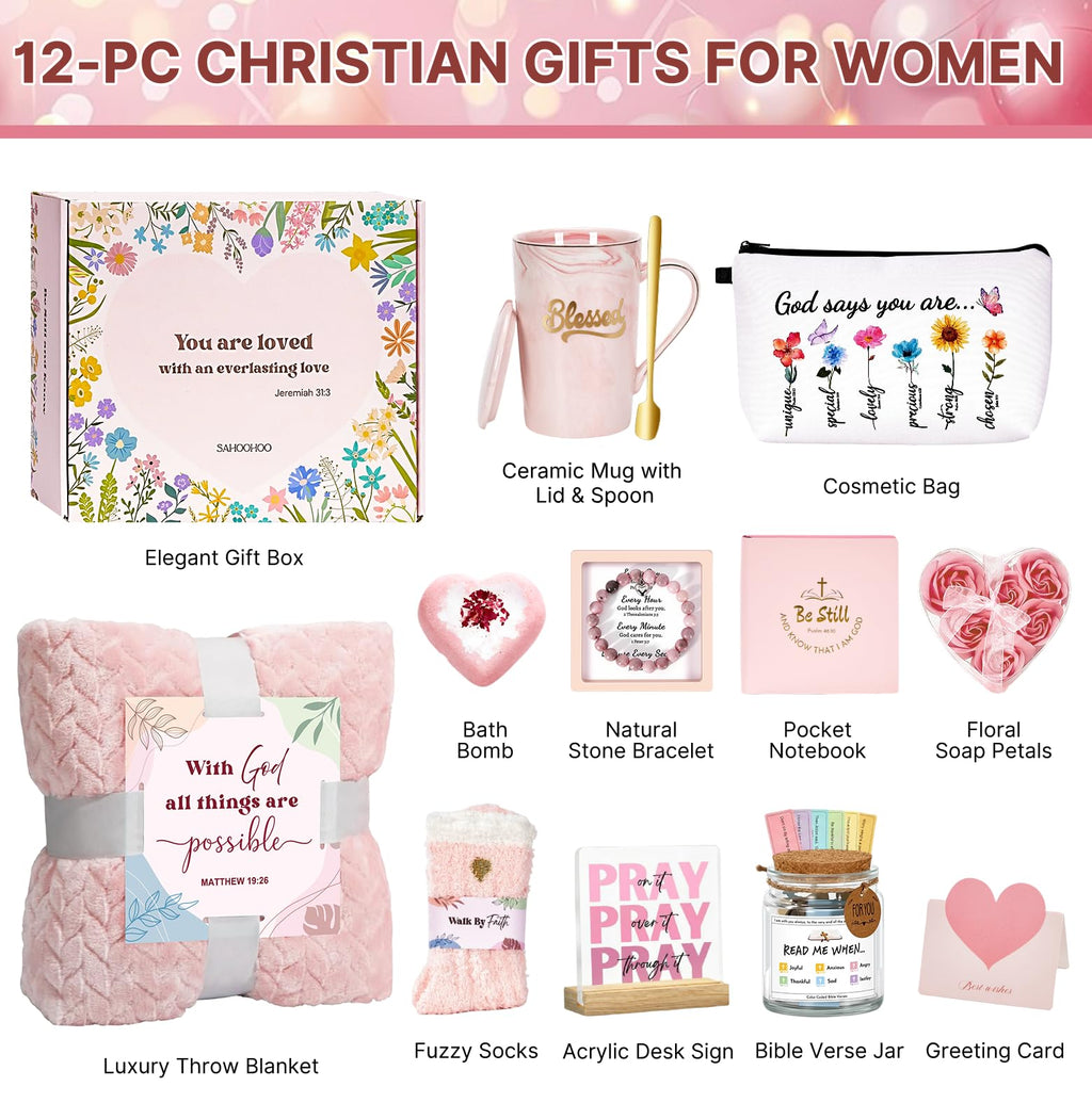 Christian Gifts for Women Faith, Religious Inspirational Catholic Encouragement Gift Sets, Unique Spiritual Christmas Birthday Gift Basket for Her Mom Grandma Sister Aunt Teacher Friend Wife w/Blanket