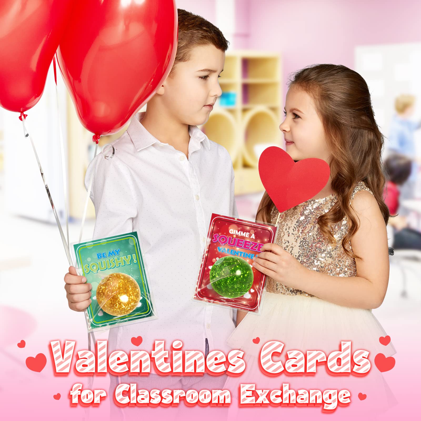 OCHIDO 24 Pack Kids Valentine's Day Greeting Cards With Squeeze Ball Stretchy, Kids Valentine Exchange Cards for Girls Boys School Class Exchange Gifts, Classroom Prizes, Bulk, Valentine Party Favor