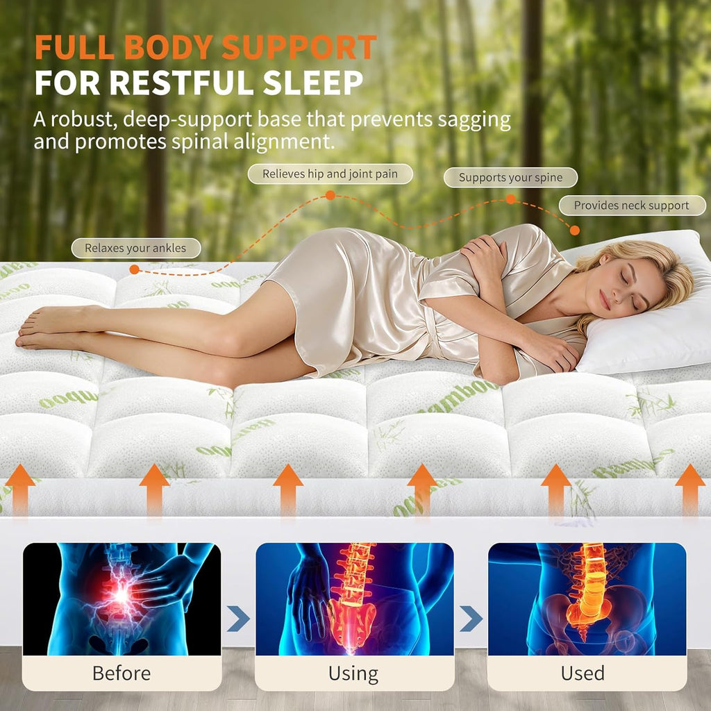Sweetcrispy Ultra Soft Mattress Topper - Queen Size Bamboo Viscose Pillow Top for Cooling Comfort & Back Pain Relief, Green