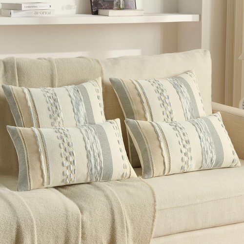 FUTEI Grey Blue White Decorative Throw Pillow Covers 18x18 Inch Set of 2, Soft Tufted Striped Textured Accent Cushion Case,Boho Pillows for Couch Decor