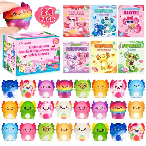 24 Packs Valentines Day Cards for Kids School with Axolotl Slow Rising PU Squishy Toys, Valentines Day Gifts for Kids, Kawaii Squeeze Toys for Boys Girls, Ideal Valentine Party Favor, Classroom Prizes