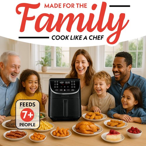 Gourmia Air Fryer - 7 Qt Large Capacity, FryForce 360º, Digital Display with 12 Presets, Roast, Bake, Broil, Dehydrate, Dishwasher Safe Accessories, Black