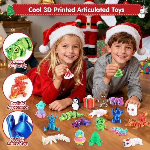 FLY2SKY Advent Calendar 2025 - 24 Days of Fun Gifts for Kids | 3D Printed Animal Toys & Party Favors