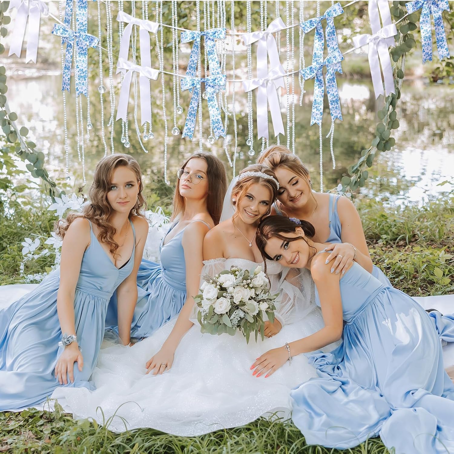 Skiennix Vintage Floral Bow Garland - 6.65 Ft Blue & White Satin Ribbon Banner for Weddings & Parties