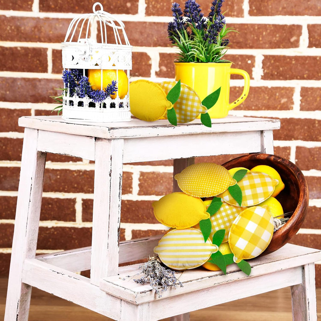 Patelai Lemon Tiered Tray Decor - 12 Pcs Stuffed Fabric Lemon Decorations | 5 Inch Rustic Kitchen Accents