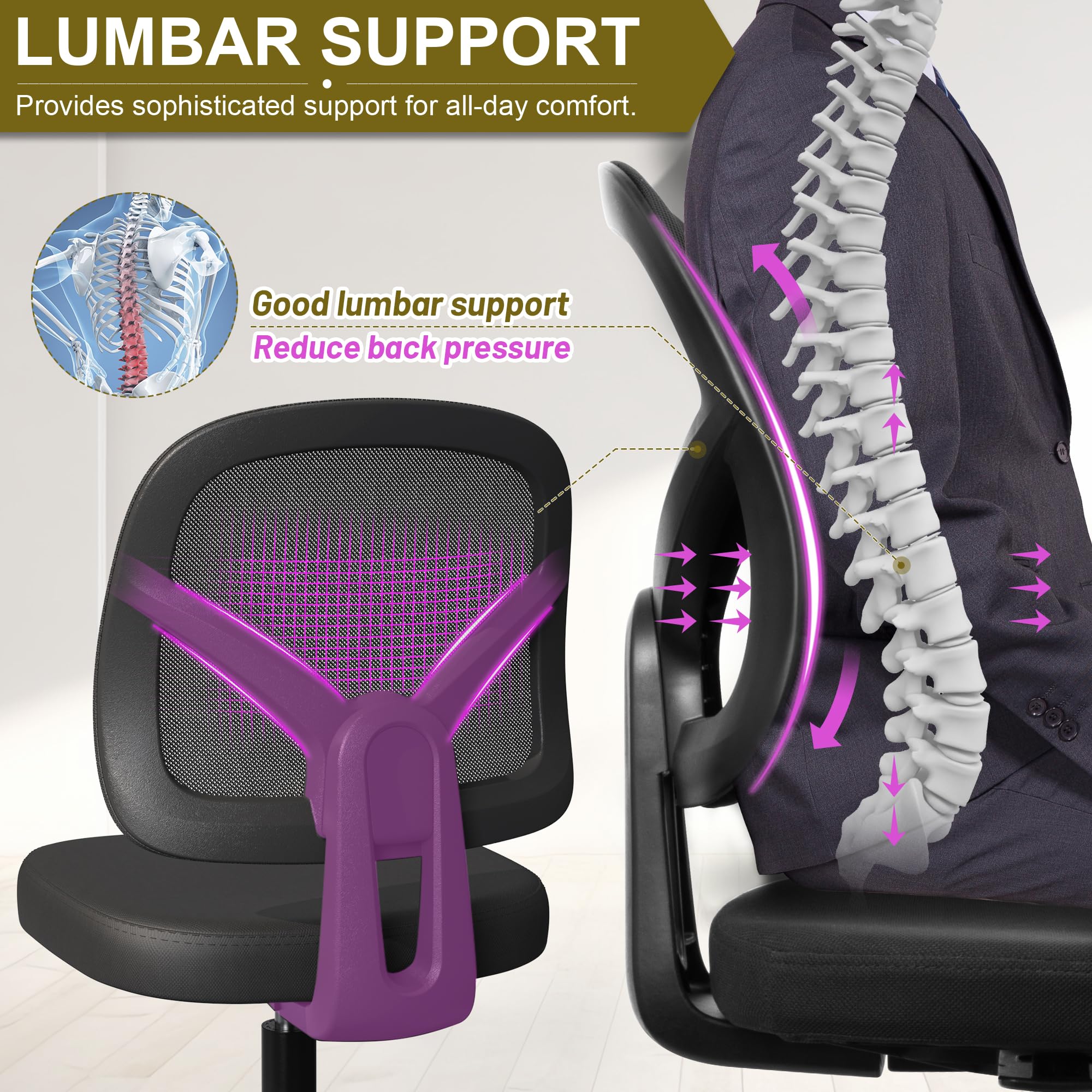 Swivel Armless Office Desk Chair No Arms with Back Support Rolling Wheels for Small Spaces Adult