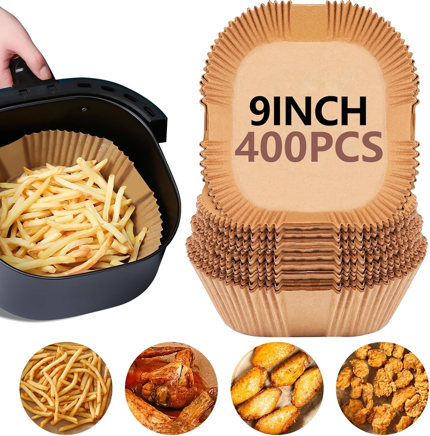 UBeesize 9 Inch Air Fryer Paper Liners - 400 PCS Non-Stick Parchment Sheets | Bleach-Free & Microwave Safe