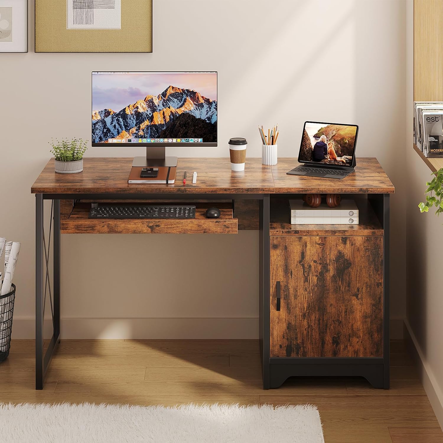 Bestier Office Desk - 47 Inch Industrial Computer Desk with Keyboard Tray & File Cabinet | Rustic Brown
